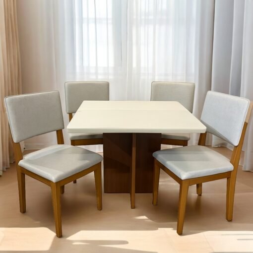 Mesa Salinas 90 Cinamomo/Off White com 4 Cadeiras Pérola Linho Cinza Prata – AVALON DECOR + DOBUÊ MOVELARIA