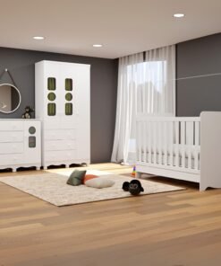 Guarda-Roupa 3 Portas Tedy + Berço Americano Ben + Cômoda Tedy Branco Brilho - PEROBA MÓVEIS