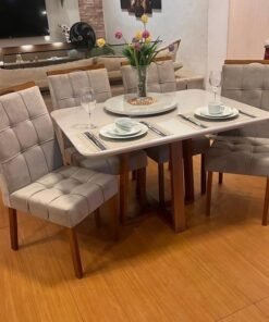 Mesa Pedro 90 Mel/Off White com Cadeiras Sophia/Capri Mel/Veludo Bege – ART ASSENTOS + WM DECOR