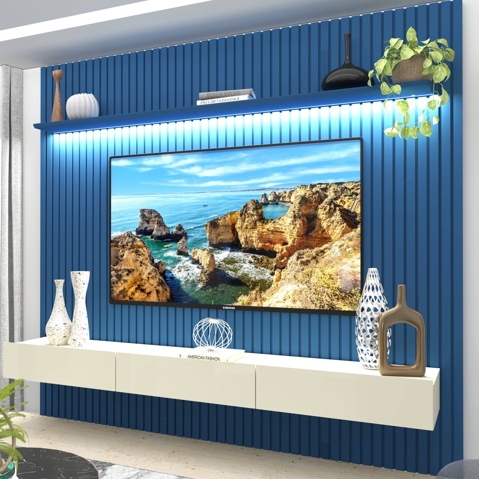Home até 85" Nobre Ripado 230(Com Nicho) Azul/Off White - GELIUS
