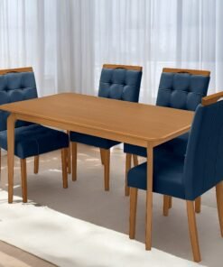 Mesa Alegra 120 Cinamomo com 4 Cadeiras Sophia Veludo Azul – JCM MOVELARIA + WM DECOR