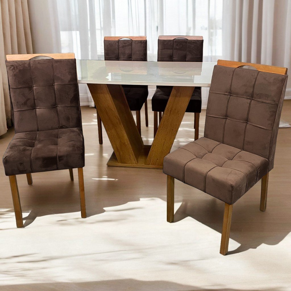 Mesa Classic 120 Cinamomo/Off White com 4 Cadeiras Sophia Mel/Veludo Marrom – CEL MÓVEIS + WM DECOR