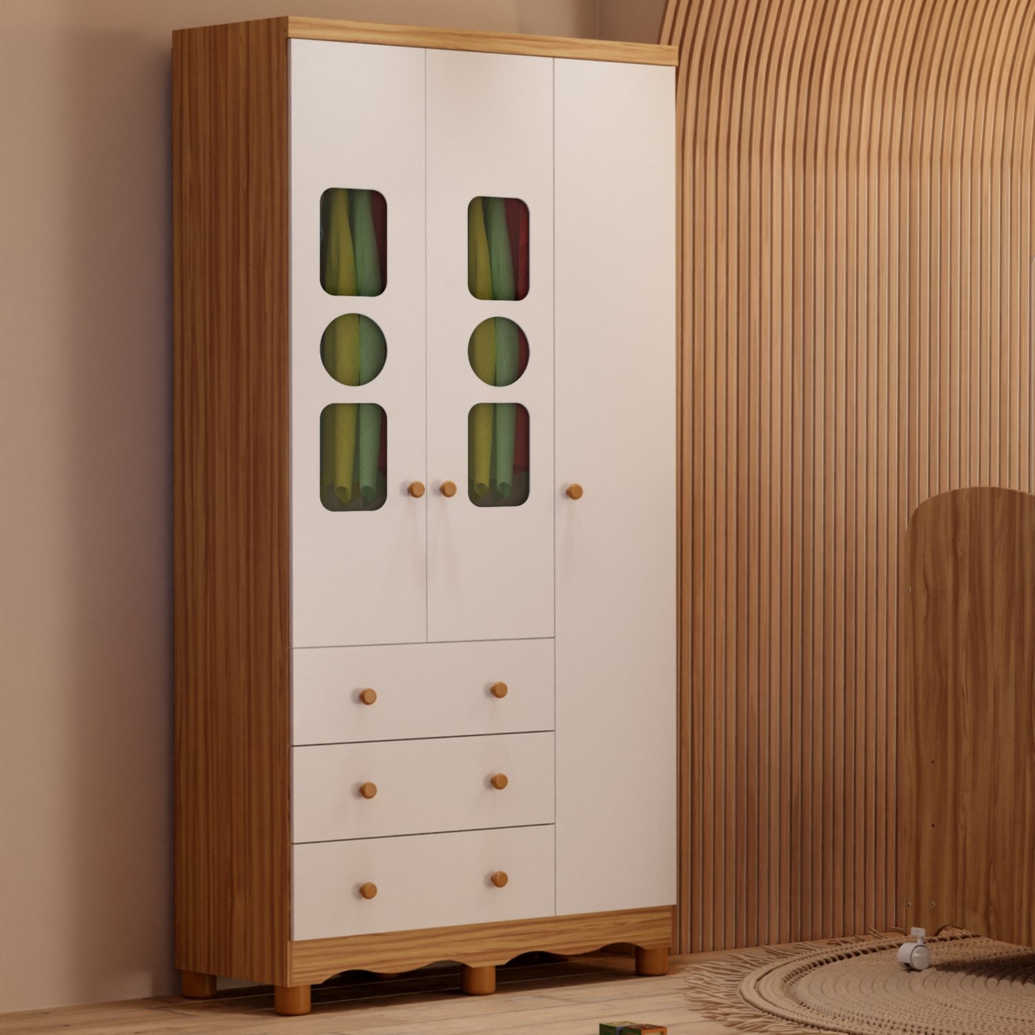 Guarda-Roupa 3 Portas Tedy Branco Brilho/Amêndoa - PEROBA MÓVEIS