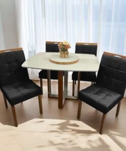 Mesa Atlas Mel/Off White Canto Barril 120×90 com 4 Cadeiras Sophia Mel/Veludo Preto – ART ASSENTOS + WM DECOR