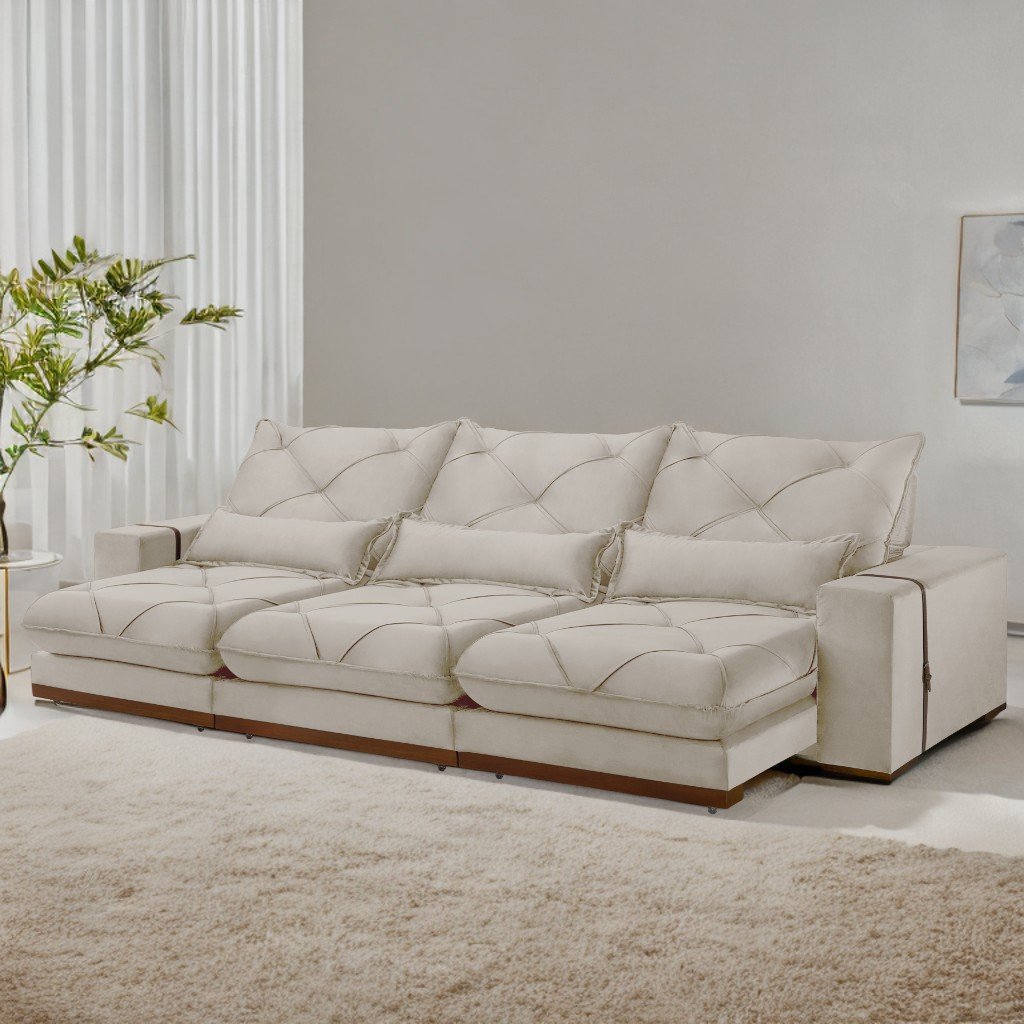 Sofá Retrátil e Reclinável Bahia 3,50 m Veludo Bege 6013 - A&D ESTOFADOS