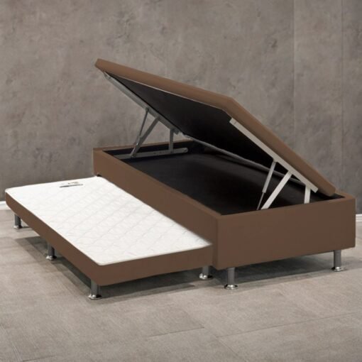Base Box Solteiro Baú com Auxiliar Corino Marrom – ALTO NÍVEL CAMAS E COLCHÕES