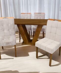 Mesa Classic 120 Cinamomo Laminado com 4 Cadeiras Sophia Mel/Linho Bege – CEL MÓVEIS + WM DECOR