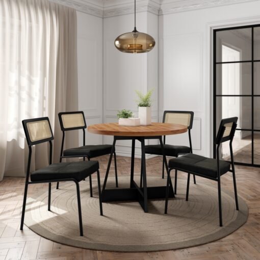 Mesa Átria 1594 Redonda 100 Preto/Nogal com 4 Cadeiras Lux 1741 Preto/Linho Grafite/Corino Preto - CARRARO MÓVEIS