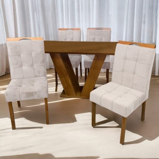 Mesa Classic 120 Cinamomo Laminado com 4 Cadeiras Sophia Mel/Veludo Bege – CEL MÓVEIS + WM DECOR