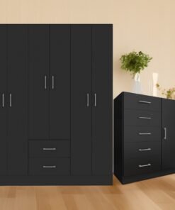 Guarda-Roupa 6 Portas Jamaica 6002 + Cômoda 5 Gavetas Sapateira Miami Preto - FELLICCI