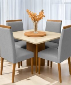Mesa Salinas 120 Cinamomo/Off White com 4 Cadeiras Samantha 05 Veludo Cinza Prata 1013 – AVALON DECOR + CARVALHO DECOR