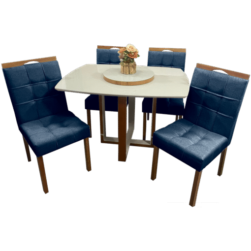 Mesa Atlas Mel/Off White Canto Barril 120×90 com 4 Cadeiras Sophia Mel/Veludo Azul – ART ASSENTOS + WM DECOR - Imagem 3