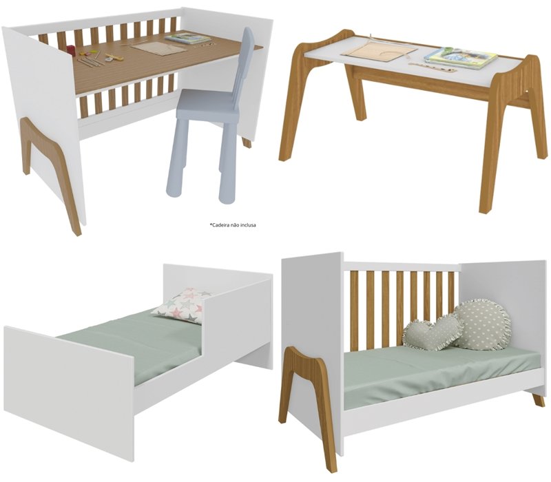 Guarda-Roupa 4 Portas + Cômoda + Berço Guti Retrô Branco Brilho/Amêndoa - PEROBA MÓVEIS - Imagem 8