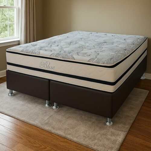 Colchão Queen Blue 32 cm H33 Molas Ensacadas + Base Simples Corino Marrom – PAROPAS + BIOSTAR