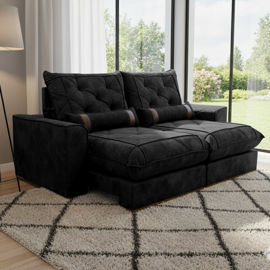 Sofa Retratil e Reclinavel Poseidon 029 2,50 m Veludo Preto - VICAM ESTOFADOS