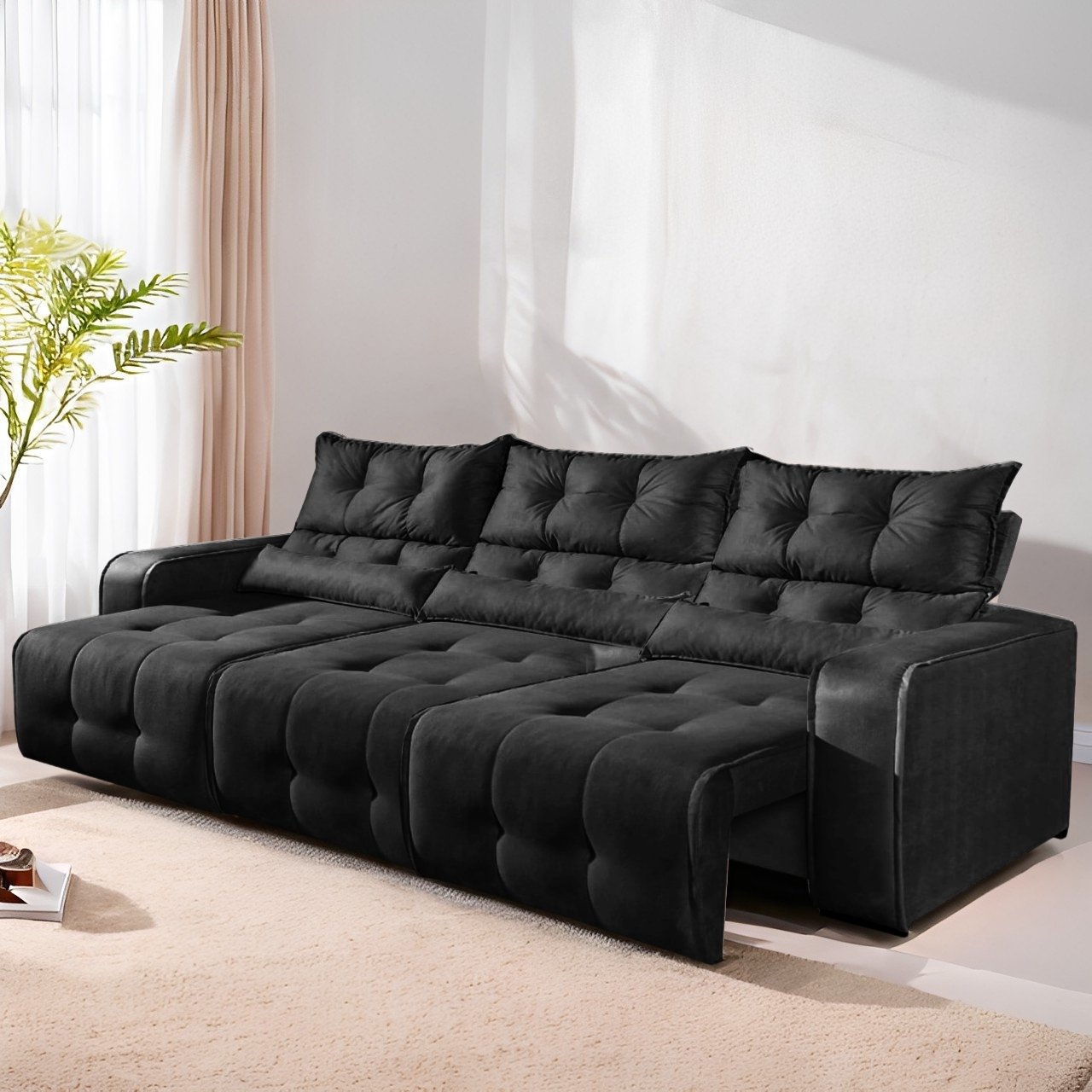 Sofá Retrátil e Reclinável Premier/Minas 2,50 m Veludo Preto 509 - DECORAR ESTOFADOS