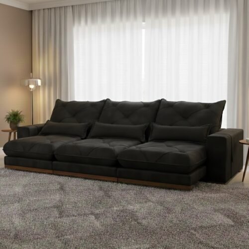 Sofá Retrátil e Reclinável Diamante/Bahia 3,50 m Veludo Preto 210 - PLENA ESTOFADOS