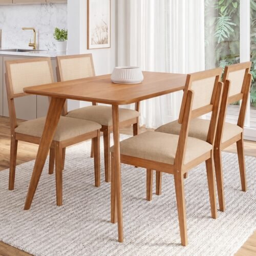 Mesa Acerola 130 (S/Vidro) Madeira/Off White com 4 Cadeiras Encanto Linho Bege – CIMOL