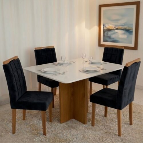 Mesa Salinas 120 (Tampo Londres c/vidro) Cinamomo/Off White com 4 Cadeiras Las Vegas Veludo Preto 13 – CEL MÓVEIS + OURO