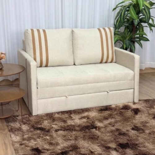 Sofa Cama Dominic 1.40m - Bege Linho/Marrom Courino
