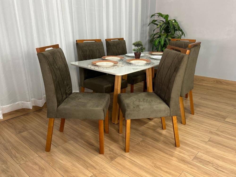 Mesa de Jantar Bali 1.60×0.80 Com 6 Cadeiras Isa – Cinamomo/Off White/Marrom Veludo - Imagem 6