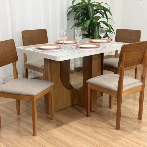 Mesa de Jantar Dora 1.20x0.80m c/ 4 Cadeiras Ana – Cinamomo/Off White/Bege Linho