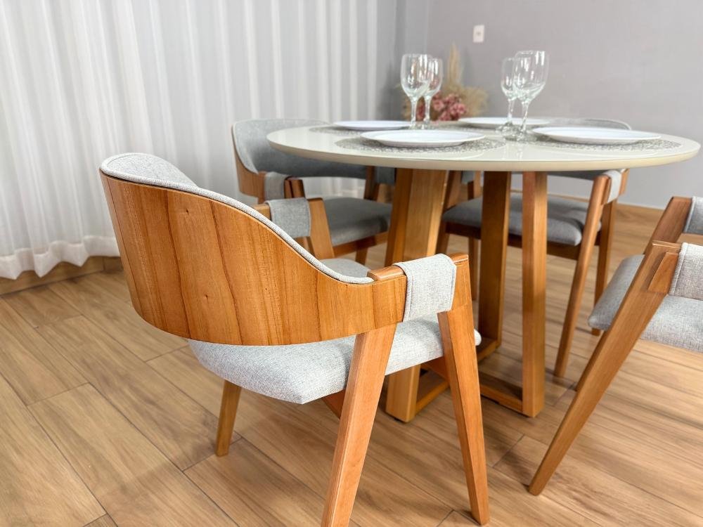 Mesa de Jantar Bali Circular 1.10x1.10m c/4 Cadeiras Pérola - Cinamomo/Off White/Cinza Linho - Imagem 4