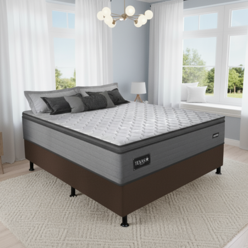 Colchão Casal Texas 29 cm D28 Molas Ensacadas + Base Simples Corino Marrom – GAZIN + BIOSTAR