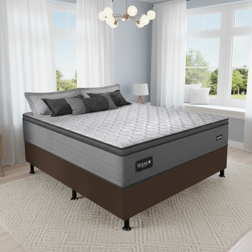 Colchão Casal Texas 29 cm D28 Molas Ensacadas + Base Simples Corino Marrom – GAZIN + BIOSTAR