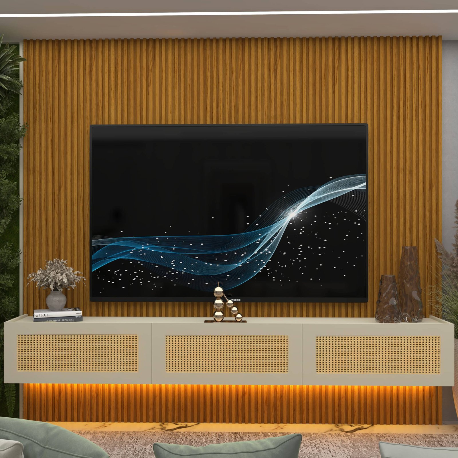 Home Suspenso até 85" Supremo Ripado 218 Naturale com Nicho Native Off White - GELIUS - Imagem 3