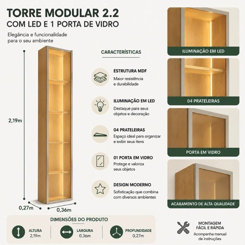Torre Modular c/ Led Vidro reflecta + Bancada Tucumã + Painel Liso Slim c/Prateleira 55" e Led 2.16m - Nature/Off White - Imagem 2