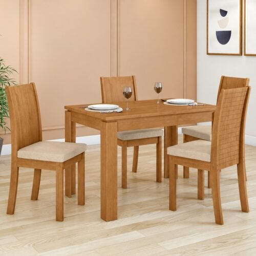 Mesa Athenas 120 Amêndoa Clean com 4 Cadeiras Athenas Linho Bege – LOPAS