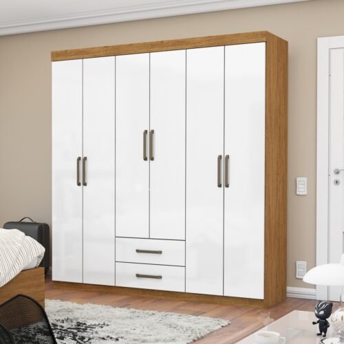 Guarda-Roupa 6 Portas(Sem Espelho/Sem Pés) Áries 1,53 m Cinamomo/Branco - CARIOCA MÓVEIS