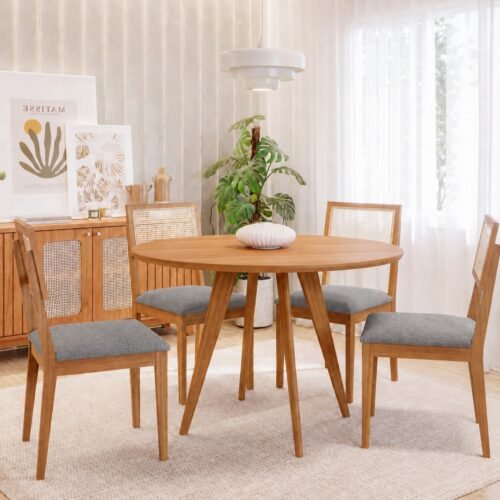 Mesa Redonda Acerola 109 (S/Vidro) Madeira/Off White com 4 Cadeiras Palmas Linho Cinza Grafite – CIMOL