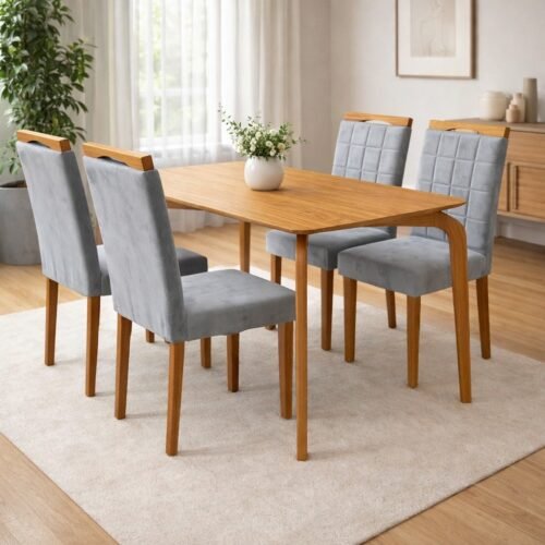 Mesa Capri 120 (S/Vidro) Laminado Natural com 4 Cadeiras Las Vegas Veludo Cinza Grafite 10 – MÓVEIS VALVERDE + OURO DECO