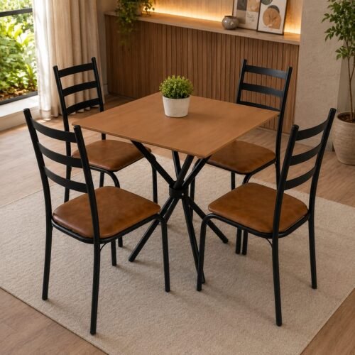 Conjunto Mesa Tubular Marabá c/4 Cadeiras 0.68x0.68m - Preto Fosco/Marrom Courino