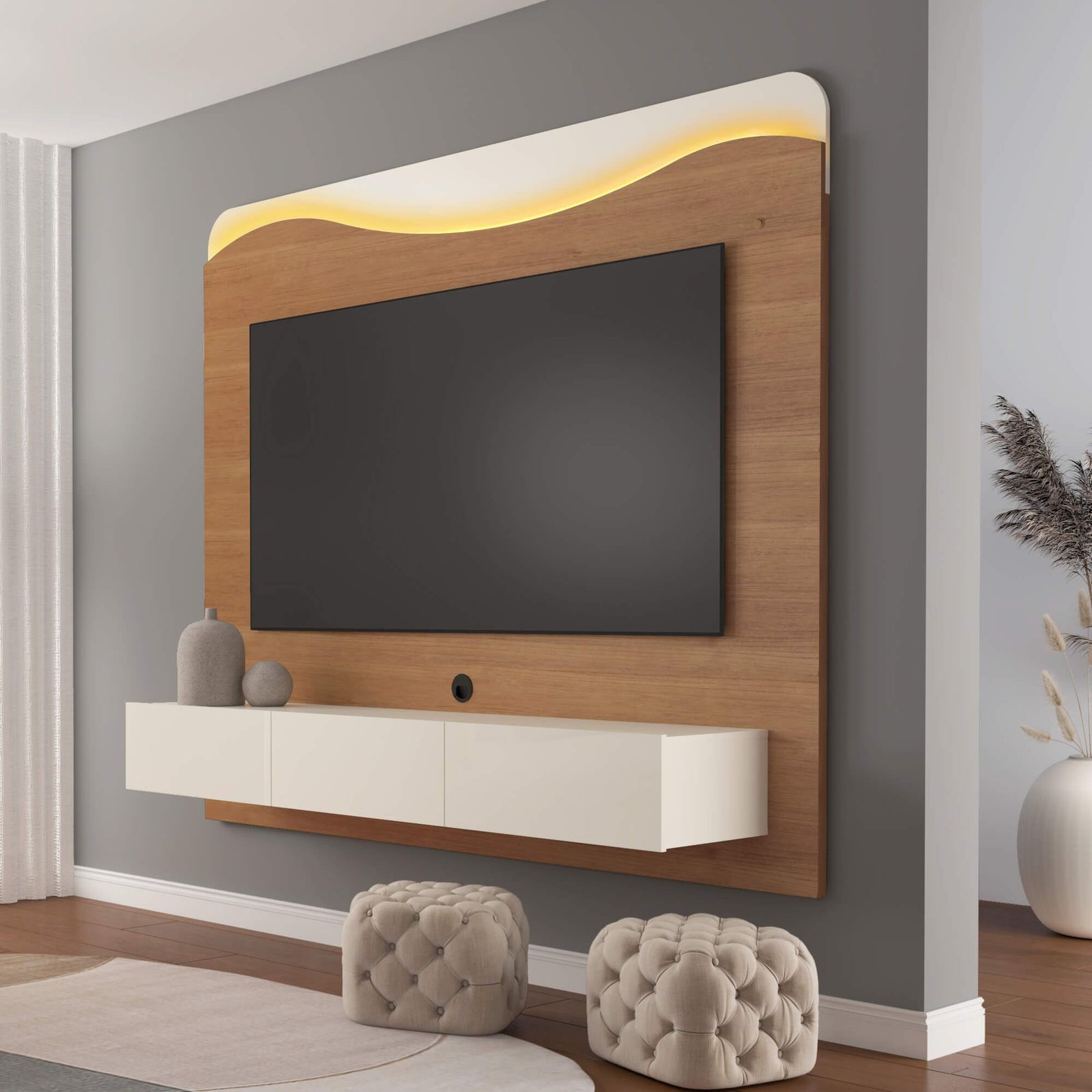 Painel Lumiere c/Led + Nicho 03 Gavetas 2.00m - Cinamomo/Off White - Imagem 2