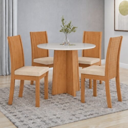 Mesa Redonda Celebrare 100 Amêndoa Clean/Off White com 4 Cadeiras Athenas Linho Bege – LOPAS