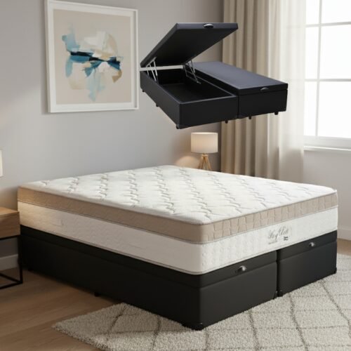 Colchão Queen King Best 28 cm D28 Molas Ensacadas + Base Baú Corino Preto – ANJOS + BIOSTAR