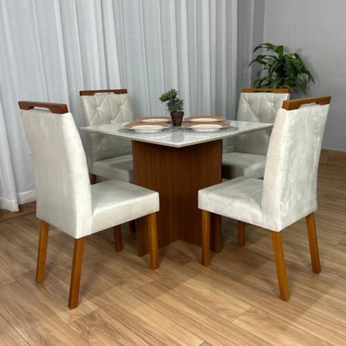 Mesa de Jantar Helo 0.90x0.90 Com 4 Cadeiras Jasmim - Freijó/Off White/Bege Veludo