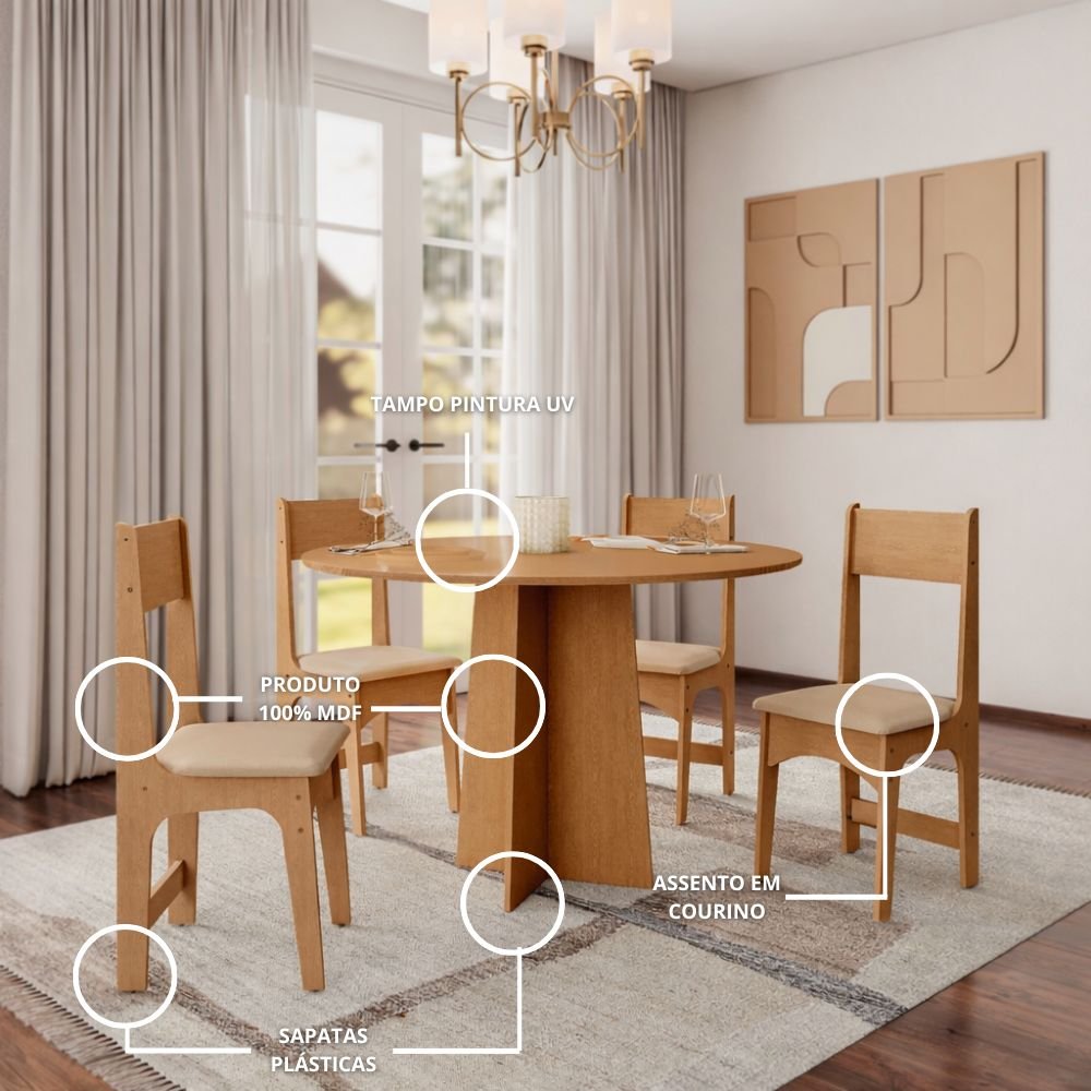 Mesa de Jantar Cindy Circular 90x90 c/4 Cadeiras Delta - Mel - Imagem 2