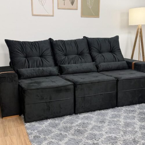 Sofá Retrátil Reclinável Junior 3 Módulos 2.45m - Preto Veludo