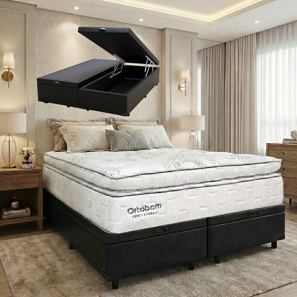 Colchão Queen New Freedom 32 cm D33 Molas Ensacadas + Base Baú Corino Preto – ORTOBOM + ALTO NÍVEL