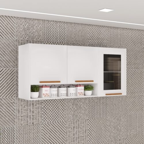 Armário Aéreo 3 portas Vidro Fumê New Valência Branco/Cinamomo - SALLÊTO