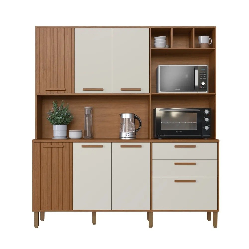Armário de Cozinha Kit Grécia 7 Portas 2 Gavetas 1.80m - Freijó/Off White - Imagem 3