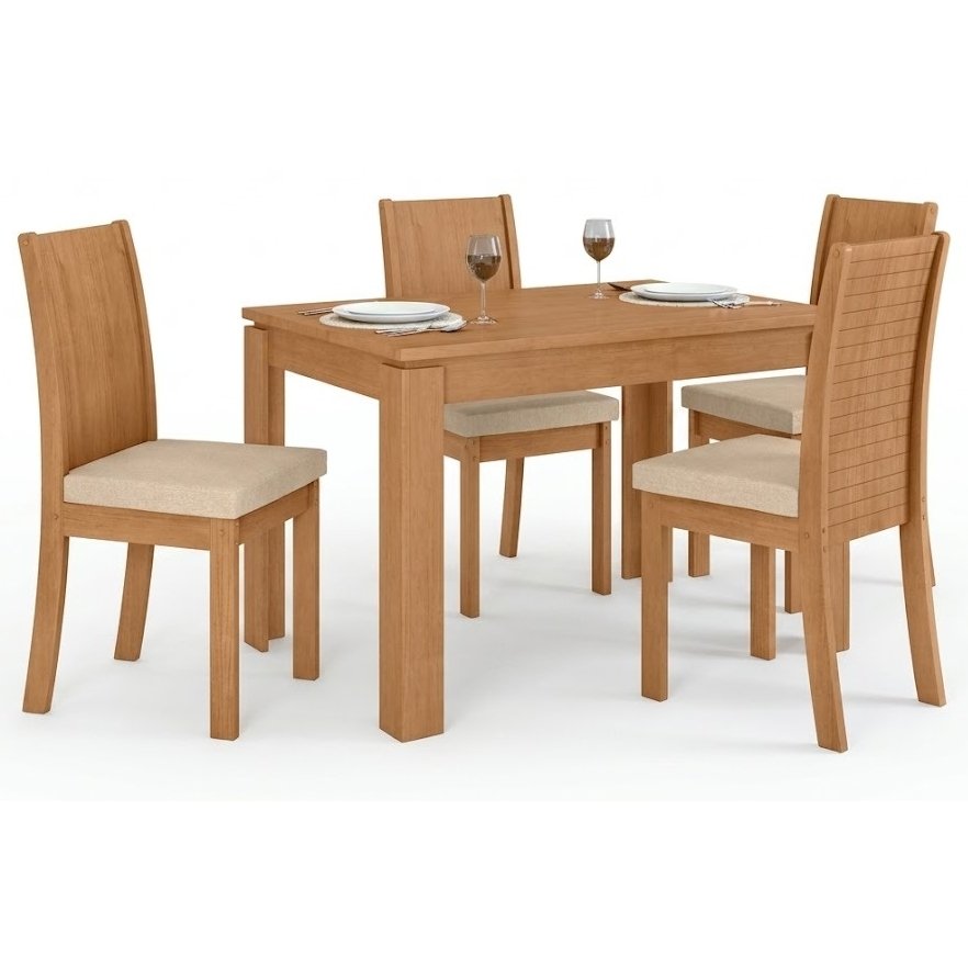 Mesa Athenas 120 Amêndoa Clean com 4 Cadeiras Athenas Linho Bege – LOPAS - Imagem 2