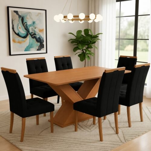 Mesa Amora BA35 160 (S/Vidro) Canela com 6 Cadeiras Sophia Veludo Preto – KAPPESBERG + WM DECOR