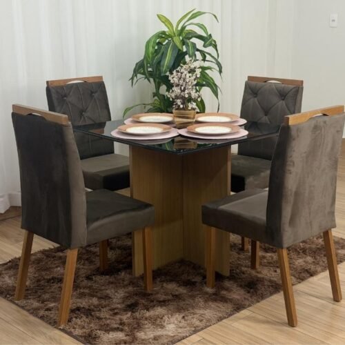 Mesa de Jantar Helo 0.90x0.90 Com 4 Cadeiras Jasmim - Freijó/Preto/Marrom Veludo
