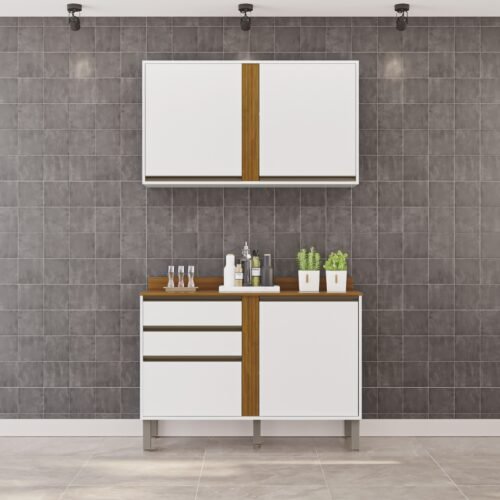 Armário Aéreo 2 Portas + Balcão Pérola 1,20 m Branco/Cinamomo  – SALLÊTO