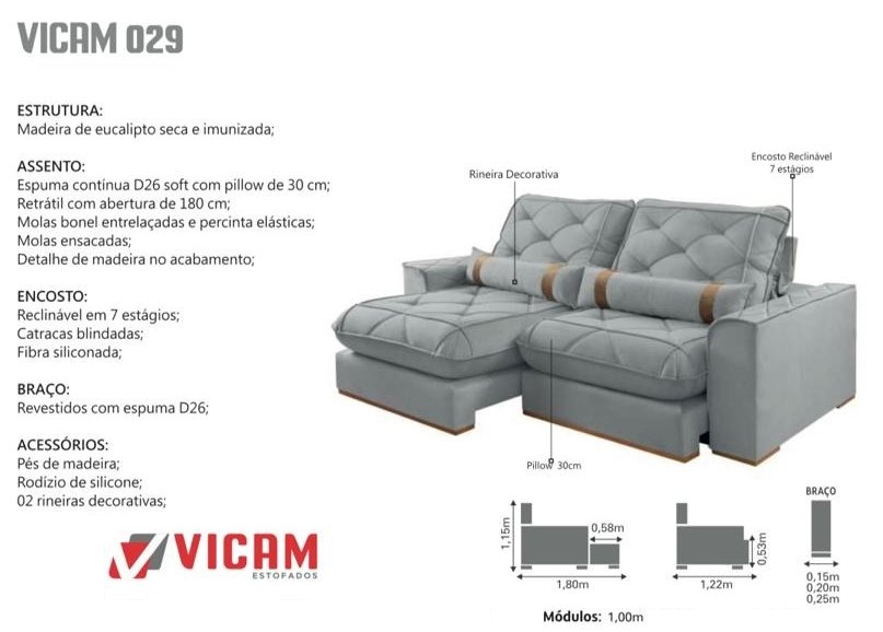 Sofa Retratil e Reclinavel Poseidon 029 2,50 m Veludo Preto - VICAM ESTOFADOS - Imagem 4